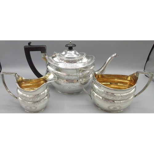 1040 - Early 20th century George III style silver three piece tea service, ovoid bodies bright cut and engr... 