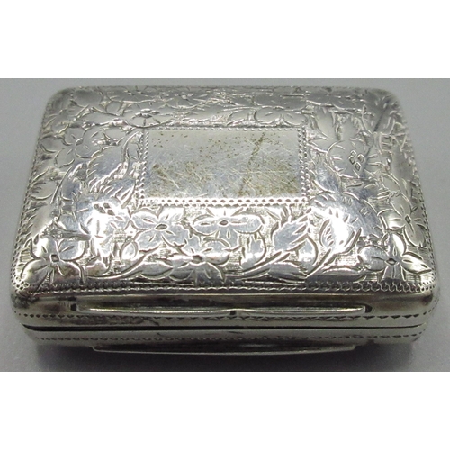 1069 - George 1V silver rectangular vinaigrette, engraved with foliage, lid with vacant cartouche, gilt int... 