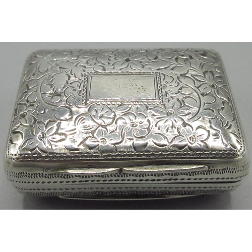 1083 - George 1V silver rectangular vinaigrette, engraved with foliage, lid with vacant cartouche, gilt int... 