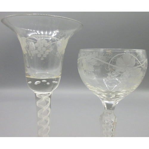 1174 - Antique wine glass, bell shaped bowl engraved with hops, tapered opaque air twist stem on stepped ci... 