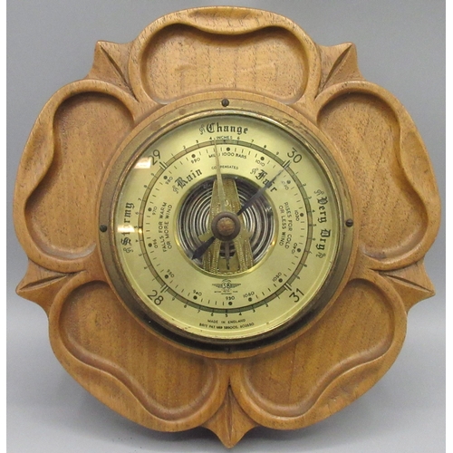 1382 - Shortland Smiths Aneroid barometer in Yorkshire Rose carved oak surround, D20cm