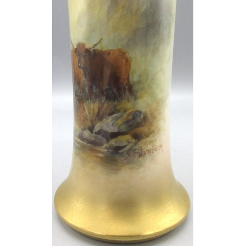 1167 - Royal Worcester spill vase, cylindrical body painted with Highland Cattle by a stream by James Stint... 