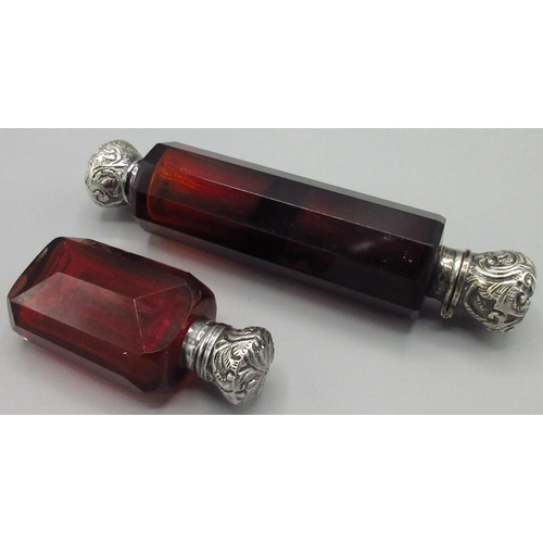 1056 - Victorian silver mounted rectangular faceted red cranberry glass scent bottle with hinged repousse c... 