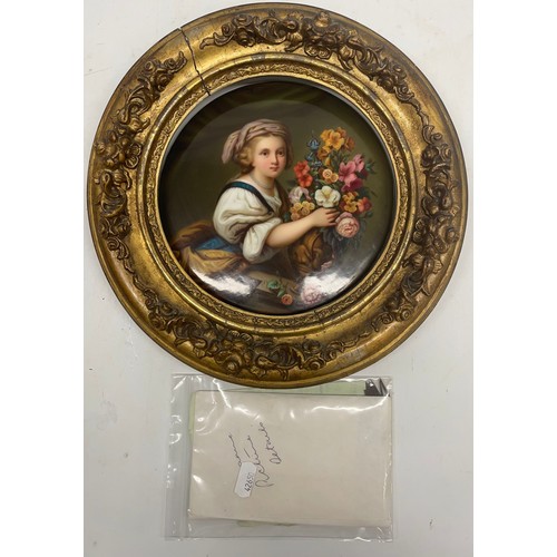 1165 - 19th century KPM porcelain circular plaque, painted with a young girl holding a flower filled vase, ... 