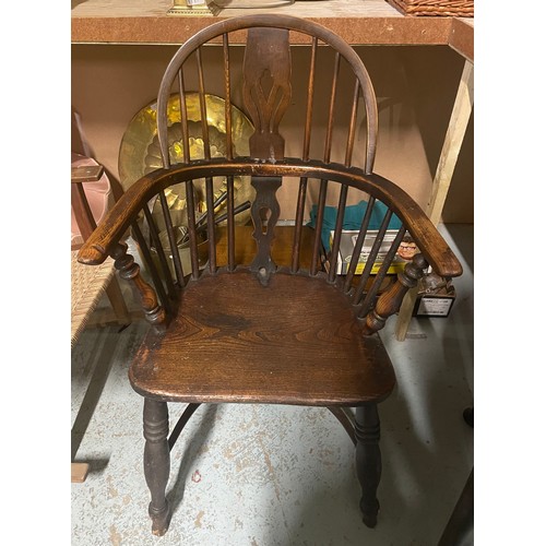 437 - C19th ash and elm low back Windsor chair, seat stamped F. Walker Rockley, turned supports with crino... 