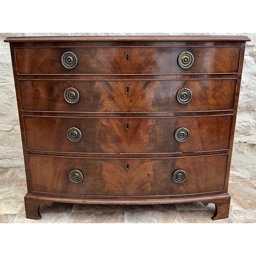 1329 - George III style mahogany bow front chest, moulded crossbanded top above four graduated cockbeaded d... 