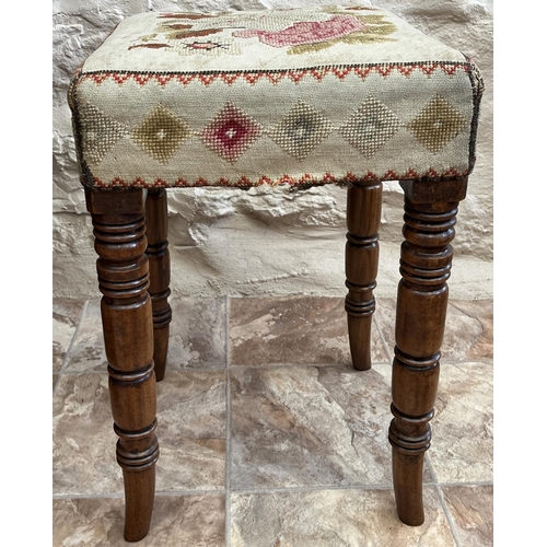 1358 - Victorian square stool, with woolwork upholstered top on ring turned mahogany outsplayed supports, W... 