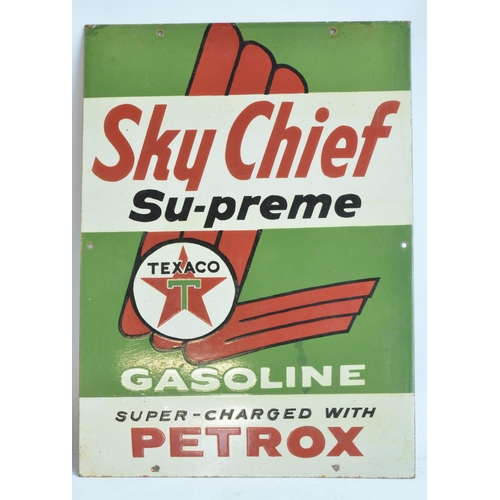 225 - Enamel steel plate advertising sign for Sky Chief Su-preme Gasoline, 43.2x59.5cm