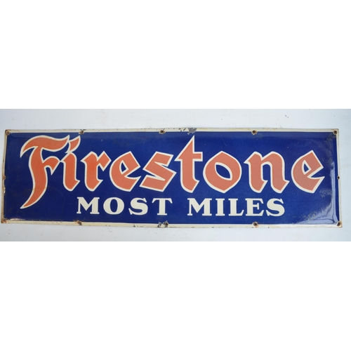 230 - Bulged enamel steel plate advertising sign for Firestone 'Most Miles' 106.8x30cm