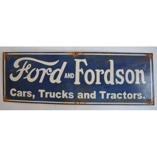 233 - Enamel steel plate advertising sign for Ford And Fordson Cars, Trucks and Tractors, 75.5x25.4cm