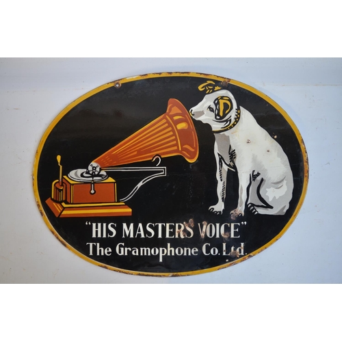 236 - Double sided oval enamel steel plate advertising sign for His Master's Voice, 61x45.5cm