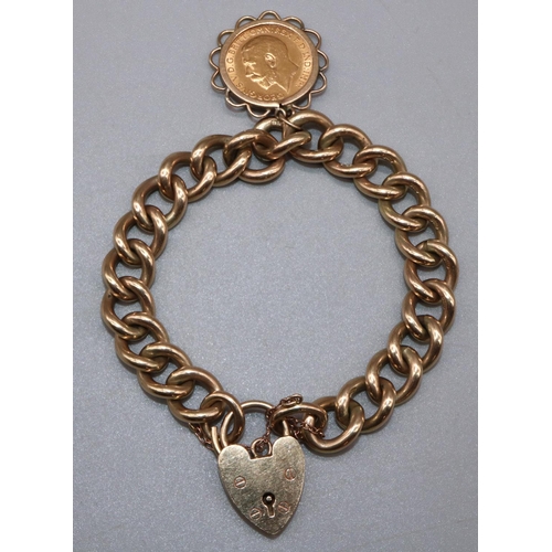 1008 - 9ct yellow gold chain link bracelet, with heart padlock clasp and attached Geo.V 1914 half sovereign... 