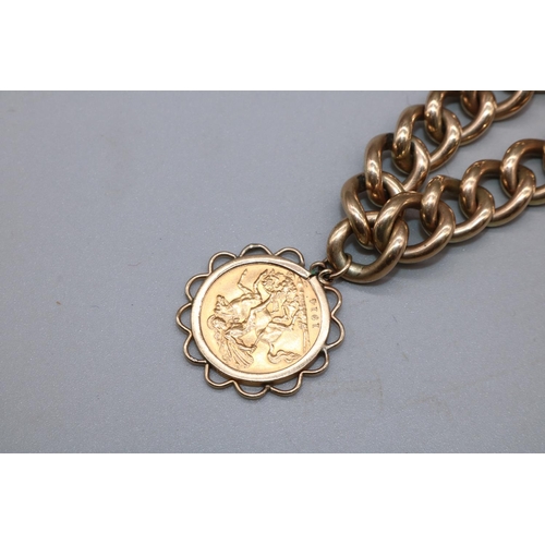 1008 - 9ct yellow gold chain link bracelet, with heart padlock clasp and attached Geo.V 1914 half sovereign... 