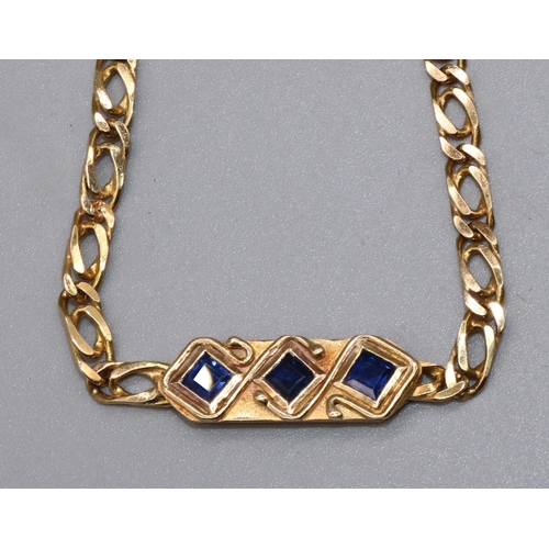 1002 - 18ct yellow gold flat curb link chain necklace by Susan Wright, with panel set with square cut sapph... 