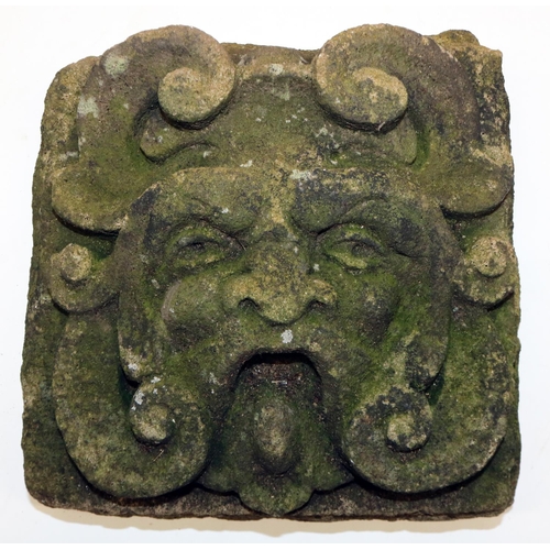 1386 - Gothic carved sandstone plaque, relief modelled as an open-mouthed man, 24cm x 24cm