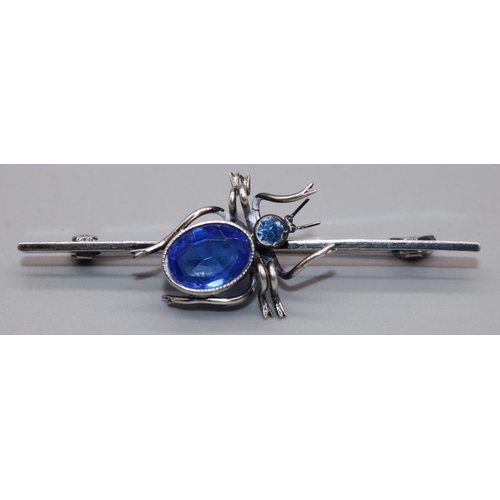 1030 - Early 20th century silver spider bar brooch, Charles Horner, set with blue stone head and body, Birm... 