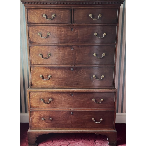 1303 - George III mahogany chest on chest, with dentil cornice above two short and three long graduated coc... 