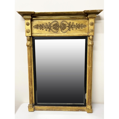 1302 - Regency giltwood and gesso pier mirror, breakfront cornice with anthemion frieze, rectangular plate ... 