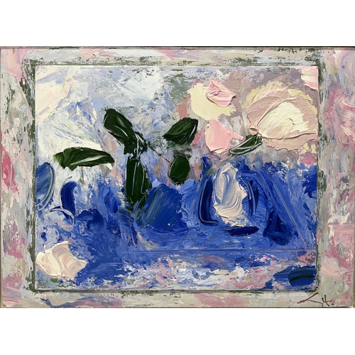 1223 - George Hainsworth (British Contemporary); 'Pink Roses (Oblong on Oblong)', impasto oil on board, 52.... 