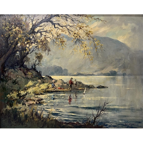 1251 - Robert Leslie Howey (1900-1981); 'Derwent Water' an extensive landscape with figures, oil on board, ... 