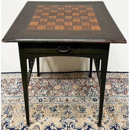 1337 - Art Nouveau Liberty style green stained games table, moulded square top inlaid for chess, fretwork f... 