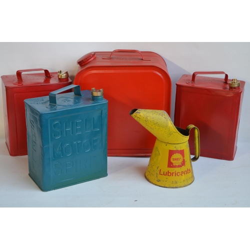 266 - Three vintage 2 gallon petrol cans to include 2x unbranded and 1x Shell Motor Spirit, a 25 litre Rob... 
