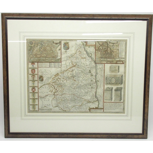 1210 - John Speede - Northumberland, engraved map, 1676 reprint, later hand coloured, 38cm x 51cm,