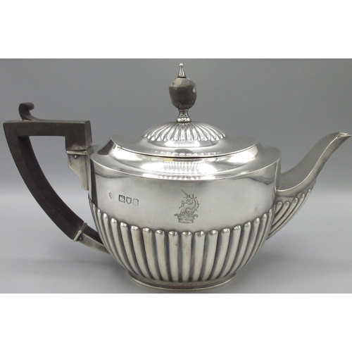 1060 - WITHDRAWN Edward V11 silver tea pot, oval half lobed body with ebonised handle and finial, engraved ... 