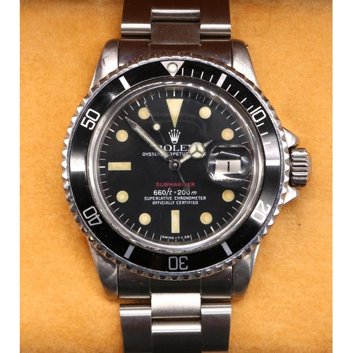 Rolex Oyster Perpetual Date 'Single Red' Submariner stainless steel wristwatch, signed black dial with baton and dot hour indices, central seconds, signed screw down crown, Oyster bracelet with signed deployment clasp, end links no. 93150, bracelet to case links no. 601B, Ref. no. 1680, serial no. 5894488, D39.5mm