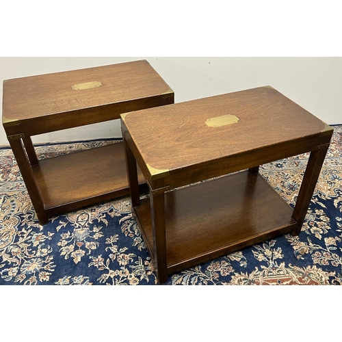 1353 - Pair of Campaign style brass banded mahogany rectangular two tier lamp tables, W61cm D36cm H51cm (2)