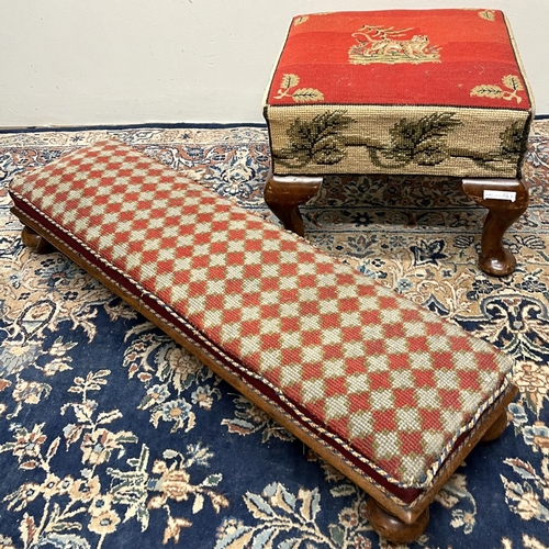 1354 - Victorian rectangular footstool, with geometric woolwork top on mushroom turned feet, W83cm and a Ma... 