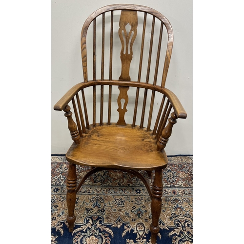 1348 - 19th century ash and elm high back Windsor chair, with pierced vase shaped splat and shaped seat on ... 