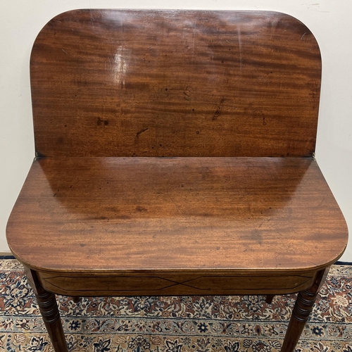 1349 - Regency mahogany D shaped tea table, with ebonised stringing and detail, folding top on twin gate ac... 