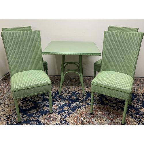 1305 - Lloyd Loom Pistachio square table with glass top, 76cm x 76cm x 74cm and four matching square back c... 