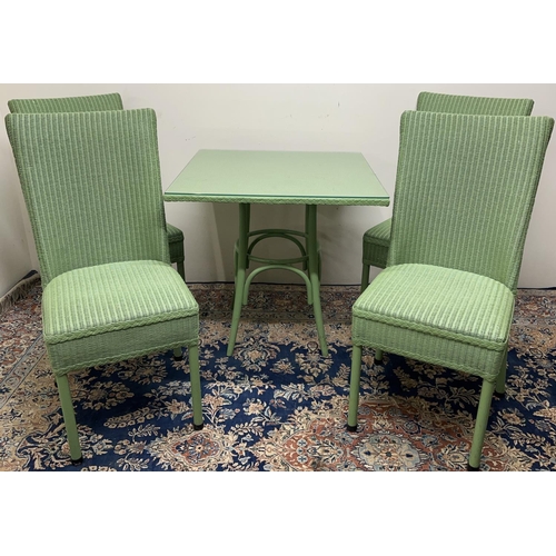 1306 - Lloyd Loom Pistachio square table with glass top, 76cm x 76cm x 74cm and four matching square back c... 