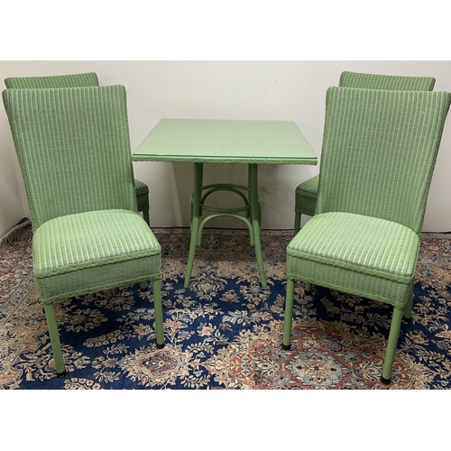 1307 - Lloyd Loom Pistachio square table with glass top, 76cm x 76cm x 74cm and four matching square back c... 