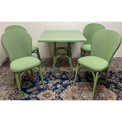 1309 - Lloyd Loom Pistachio square table with glass top, 76cm x 76cm x 74cm and four matching arched back c... 