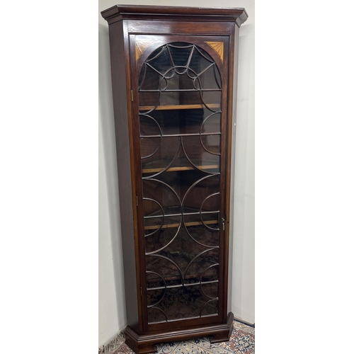 1357 - George III style mahogany corner cabinet with moulded cornice above astragal glazed door with satinw... 