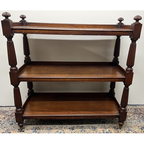 1359 - William IV mahogany buffet, three rectangular tiers on lobed tapering supports with similar finials,... 