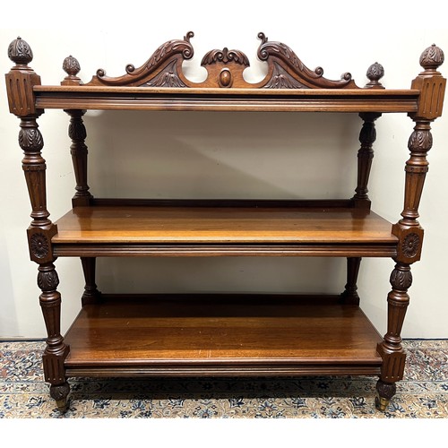 1328 - Victorian walnut buffet, with swan neck cresting, the three rectangular tiers on acanthus carved tur... 