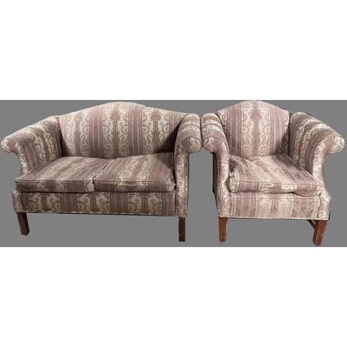 1343 - Chippendale style sofa with serpentine back and out scroll arms upholstered in patterned damask, and... 