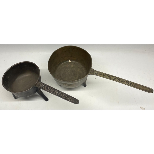 1175 - Wasbrough Foundry of Bristol bronze skillet, of typical form, on three splayed feet, handle cast 'Wa... 