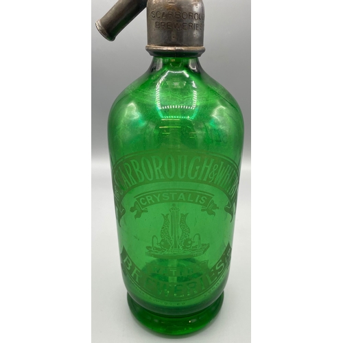 1172 - Scarborough & Whitby Breweries Ltd 'Crystalis Waters', green glass Soda siphon with etched decoratio... 