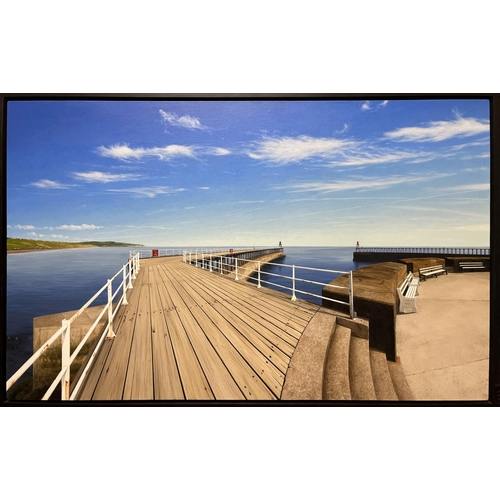 1215 - Steve Whitehead (British b.1960); 'Whitby Piers' oil on canvas, with label verso, 91cm x 148cm