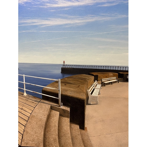 1215 - Steve Whitehead (British b.1960); 'Whitby Piers' oil on canvas, with label verso, 91cm x 148cm