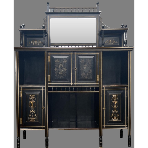 1331 - Aesthetic Movement ebonised and gilt side cabinet, raised mirror back above two doors painted with b... 