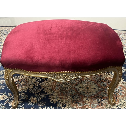 1365 - Large French Rococo style serpentine rectangular stool, brass nailed upholstered top on moulded cabr... 