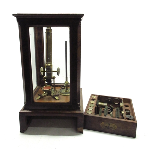 1196 - 19th century Amadio brass monocular microscope with coarse and fine rack and pinion adjust and two e... 