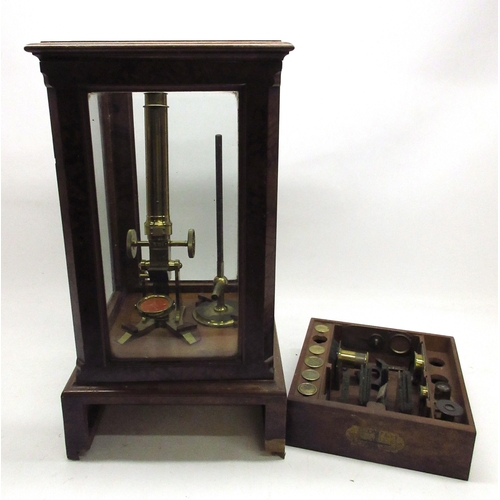 1196 - 19th century Amadio brass monocular microscope with coarse and fine rack and pinion adjust and two e... 