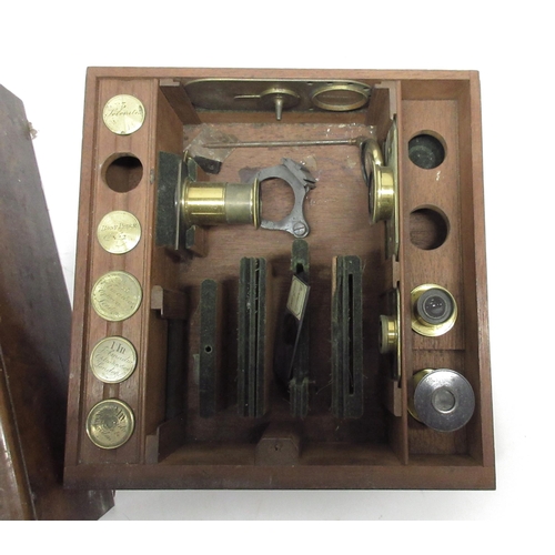 1196 - 19th century Amadio brass monocular microscope with coarse and fine rack and pinion adjust and two e... 